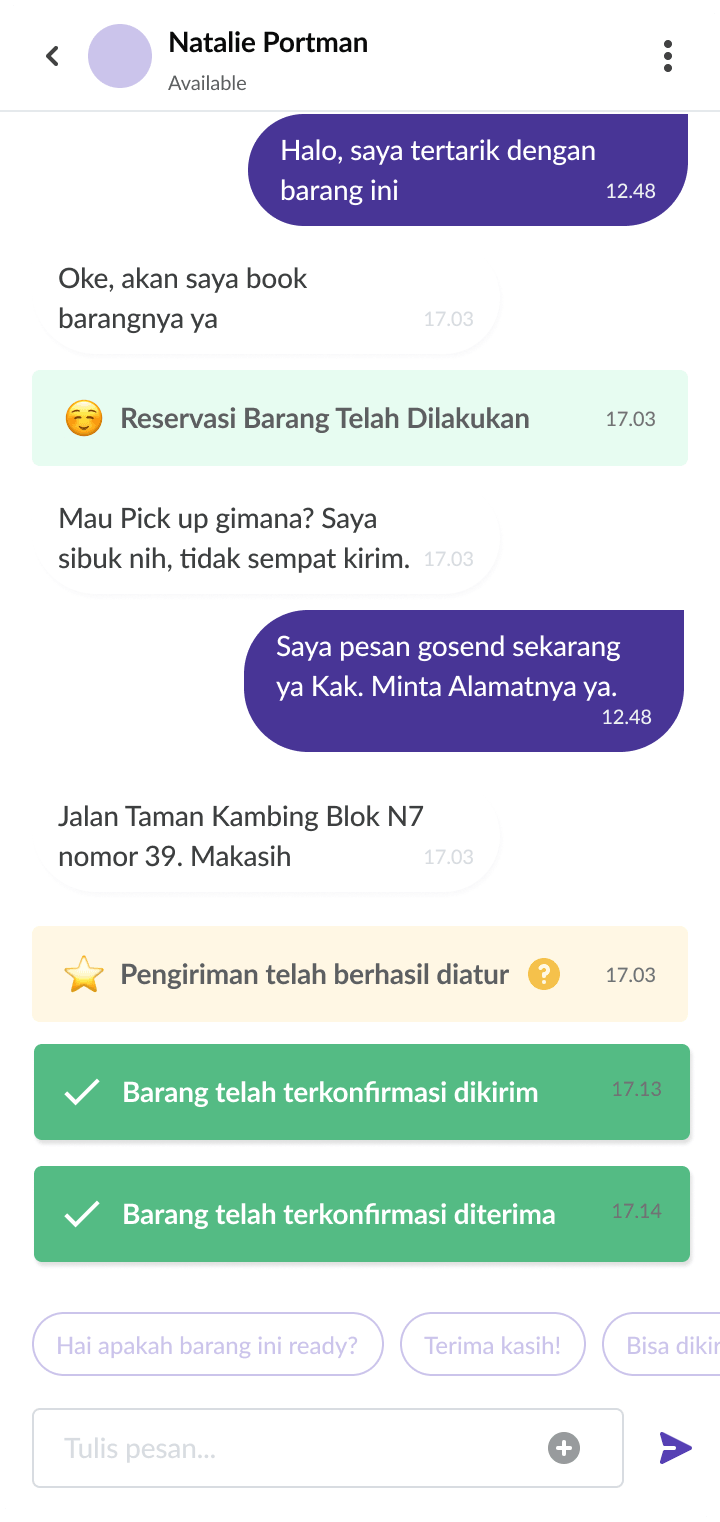 Chatroom interface showing final shipping confirmation and item received milestone