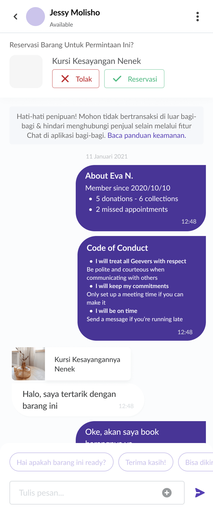 Interactive chatroom interface displaying transactional system messages between Giver and Receiver