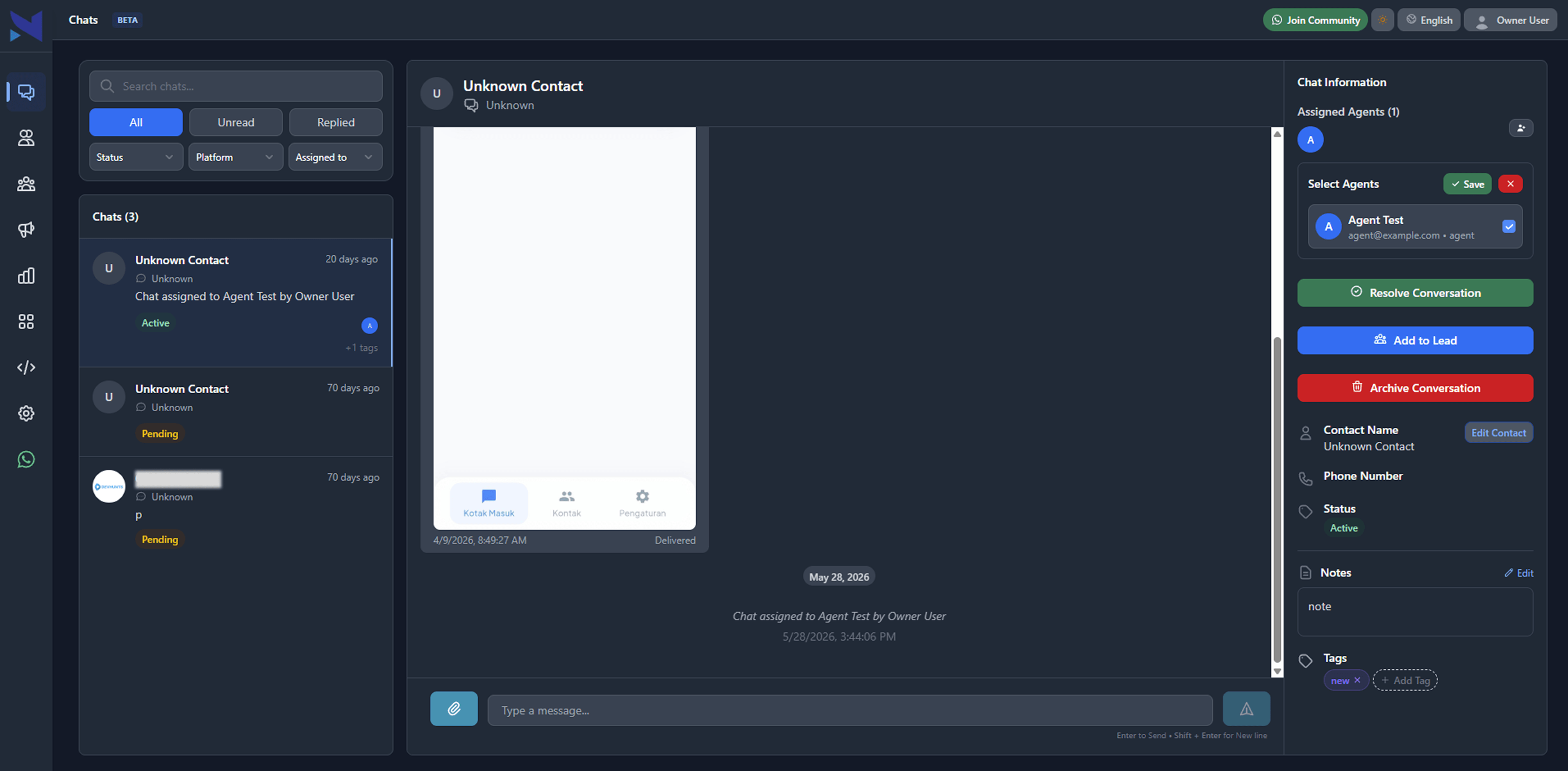 Web interface conversation view displaying real-time incoming messages and media preview elements