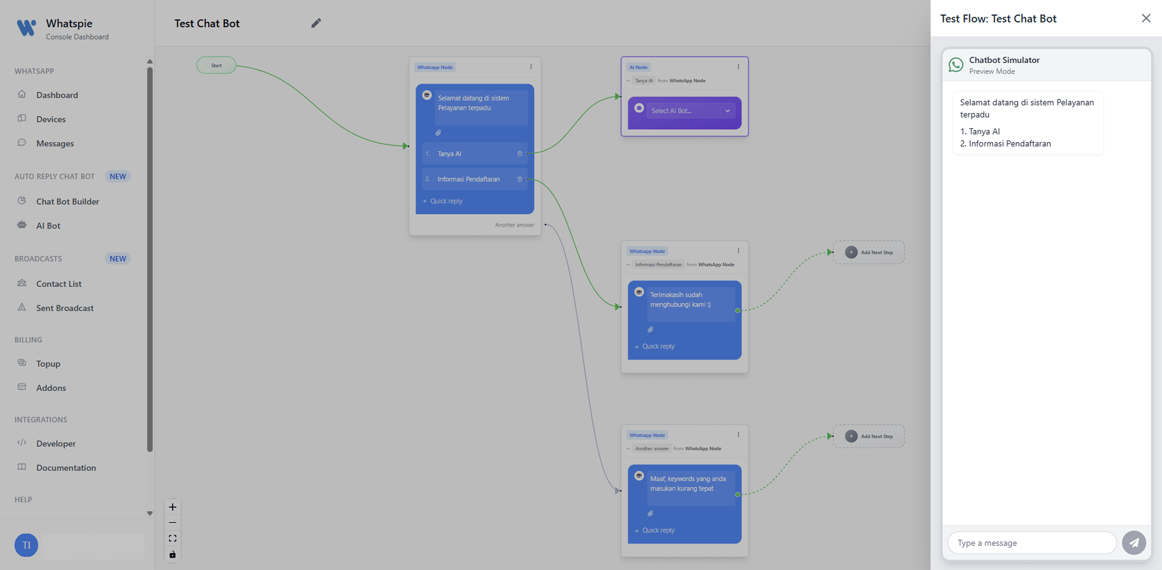 Visual builder UI showing drag-and-drop nodes for message flows and conditional branching