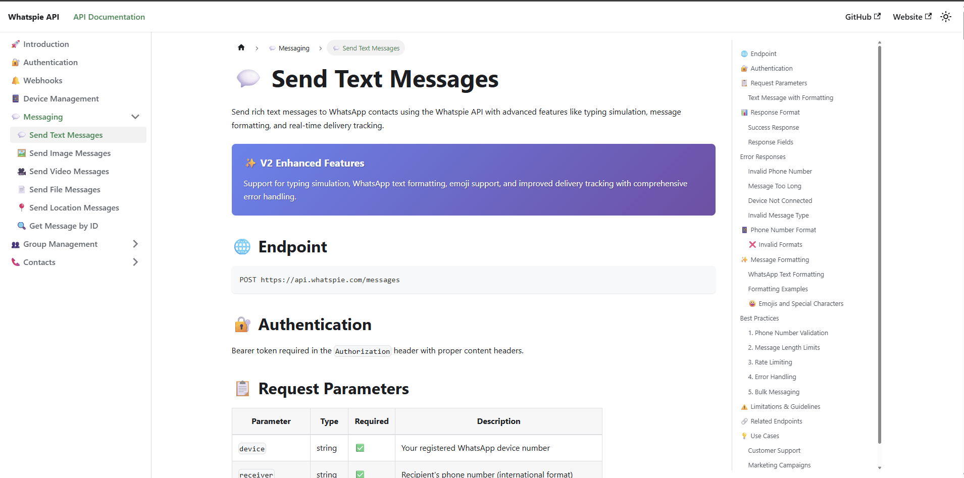 Developer documentation site with interactive API tables and request snippets