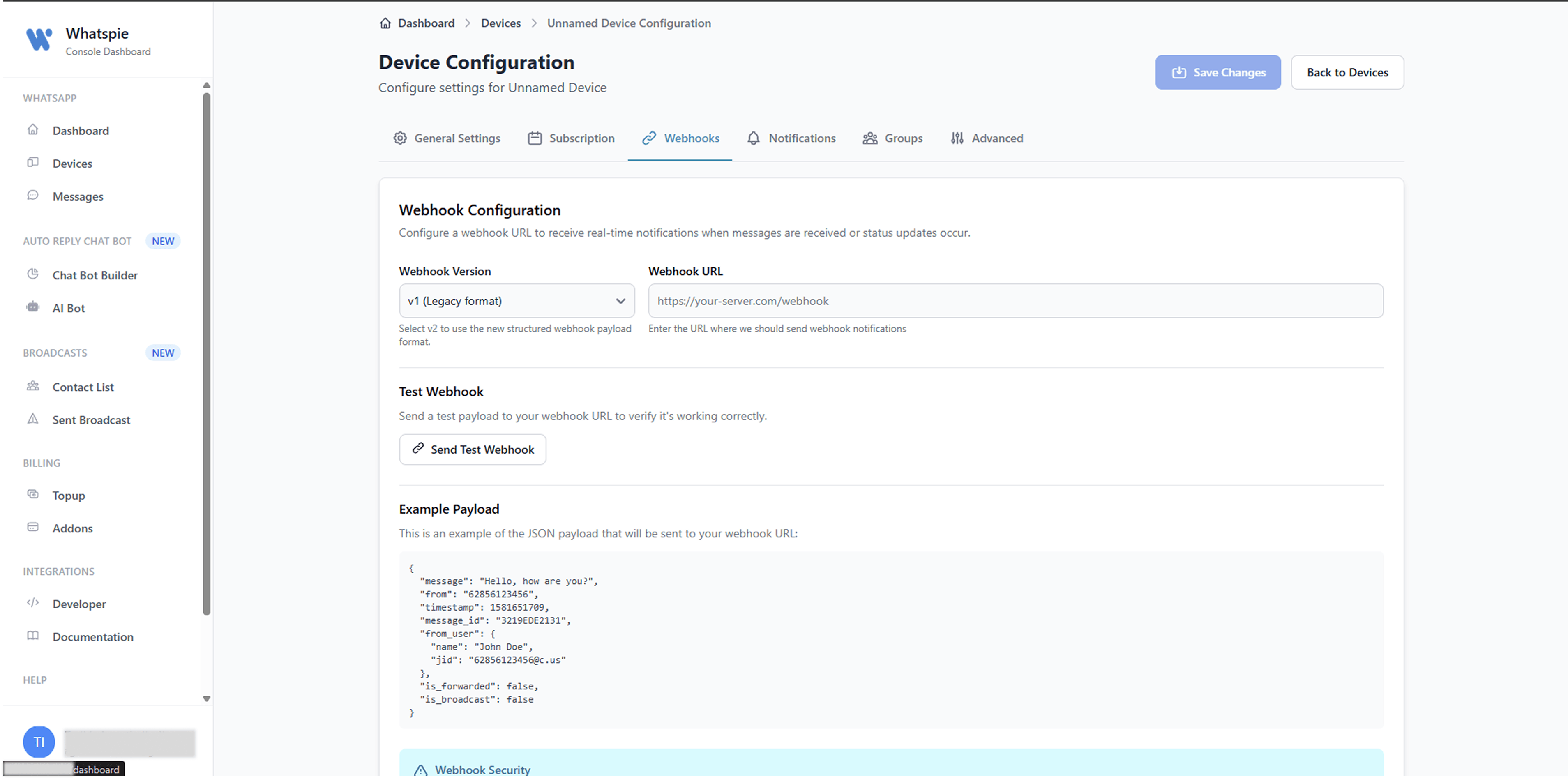 Token management view on WhatsPie Developer Settings